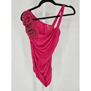 Vintage Y2K Womens Sz L Mini Dress Fuchsia Pink Ruffled Shoulder Party Club
